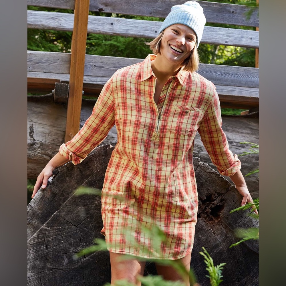 NEW Toad & Co Bodie Quarter Zip Long Sleeve Dress Mini Winterberry Plaid Small